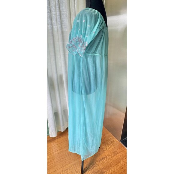 Vintage 60s dressing gown, teal blue, empire waist, embroidered puff sleeves - Picture 5 of 8